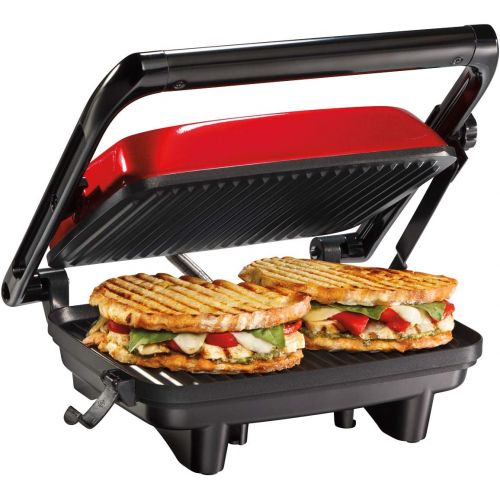  [아마존베스트]Hamilton Beach Electric Panini Press Grill With Locking Lid, Opens 180 Degrees For Any Sandwich Thickness, Nonstick 8 X 10 Grids, Red (25462Z)