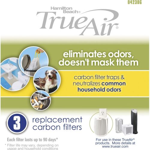  Hamilton Beach TrueAir Replacement Carbon Filter for Odor Eliminators, Common Household-Trash, Pet, Smoke and Bathroom, 3-Pack (04230G)