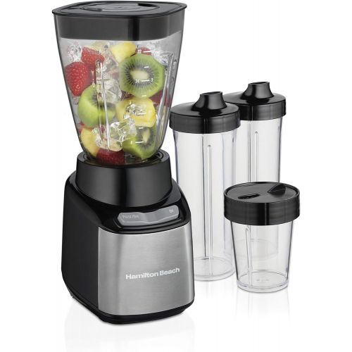  Hamilton Beach Stay or Go Blender with 32oz Jar, 8oz Grinder for Nuts & Spices, and 2 Portable Cups with Drinking Lids for Shakes and Smoothies, BPA Free, Black and Silver (52400)