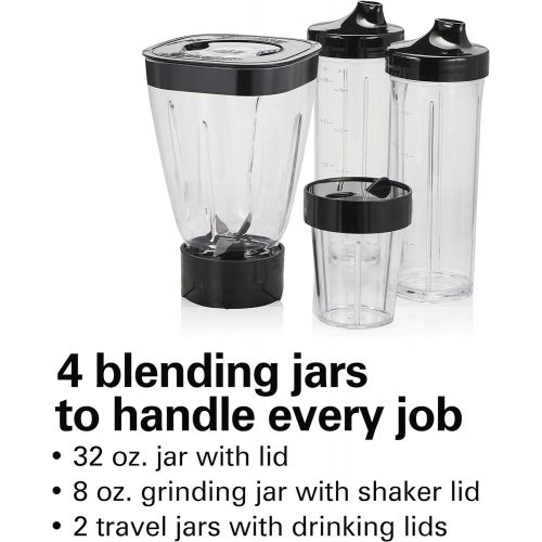  Hamilton Beach Stay or Go Blender with 32oz Jar, 8oz Grinder for Nuts & Spices, and 2 Portable Cups with Drinking Lids for Shakes and Smoothies, BPA Free, Black and Silver (52400)