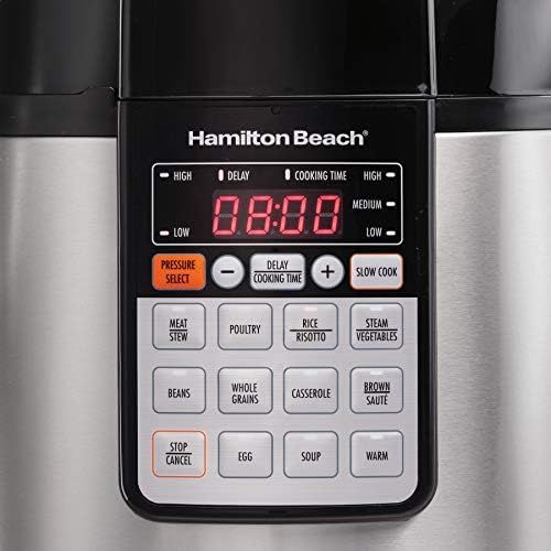  Hamilton Beach 10-in-1 Multi-Function Electric Pressure Cooker, 6 quart, Steamer, Saute and Warmer, Stainless Steel (34502)