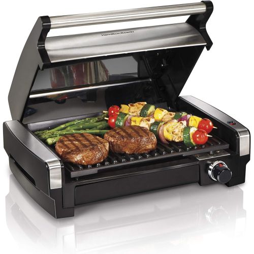  Hamilton Beach Electric Indoor Searing Grill Removable Easy-To-Clean Nonstick Plate, 6-Serving, Extra-Large Drip Tray, Stainless Steel (25360)