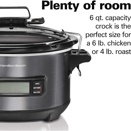  Hamilton Beach Portable 6-Quart Digital Programmable Slow Cooker With Temp Tracking Temperature Probe to Braise, Sous Vide, Make Fondue & Yogurt, Lid Lock, Black Stainless (33866)