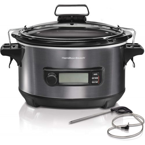  Hamilton Beach Portable 6-Quart Digital Programmable Slow Cooker With Temp Tracking Temperature Probe to Braise, Sous Vide, Make Fondue & Yogurt, Lid Lock, Black Stainless (33866)