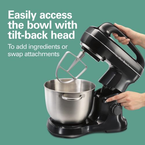  Hamilton Beach Electric Stand Mixer, Tilt-Head, 4 Quarts, 7 Speeds With Whisk, Dough Hook, Flat Beater Attachments, Splash Guard, Black (63391),