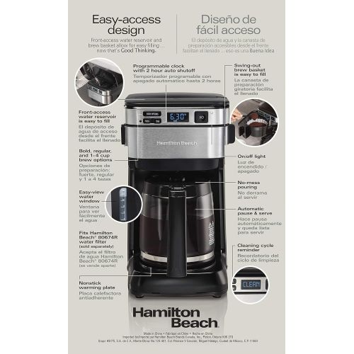  Hamilton Beach Programmable Coffee Maker, 12 Cups, Front Access Easy Fill, Pause & Serve, 3 Brewing Options, Black (46310)