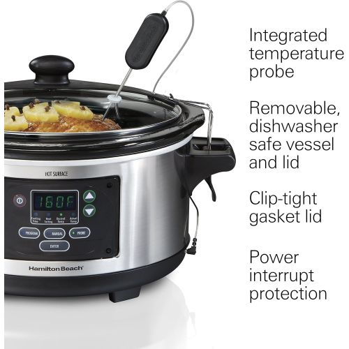  Hamilton Beach Portable 6-Quart Set & Forget Digital Programmable Slow Cooker With Temperature Probe, Lid Lock, Stainless Steel (33969A)