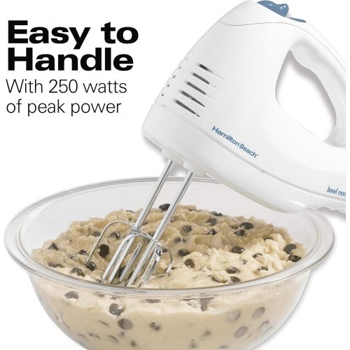 Hamilton Beach 6-Speed Electric Hand Mixer with Snap-On Storage Case, Wire Beaters, Whisk and Bowl Rest, 250W, White (62682RZ)