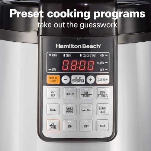  Hamilton Beach 10-in-1 Multi-Function Electric Pressure Cooker, 6 quart, with Brown/Saute, Steam and Rice, Smart Cooking Presets, Grey (34500)