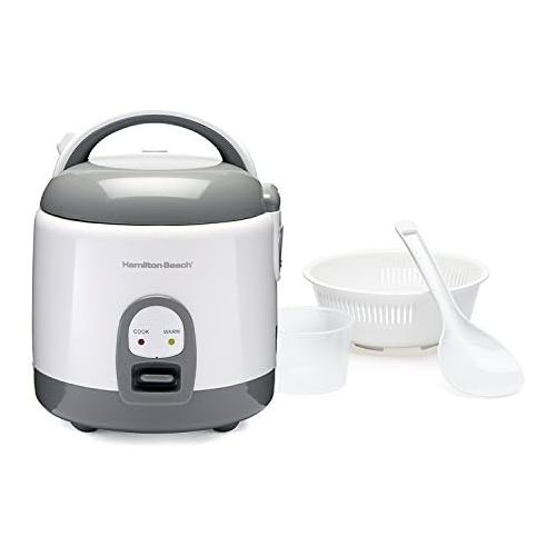  Hamilton Beach Mini Rice Cooker & Food Steamer, 8 Cups Cooked (4 Uncooked), With Steam & Rinse Basket, White (37508)