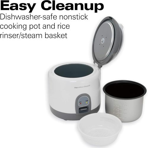 Hamilton Beach Mini Rice Cooker & Food Steamer, 8 Cups Cooked (4 Uncooked), With Steam & Rinse Basket, White (37508)