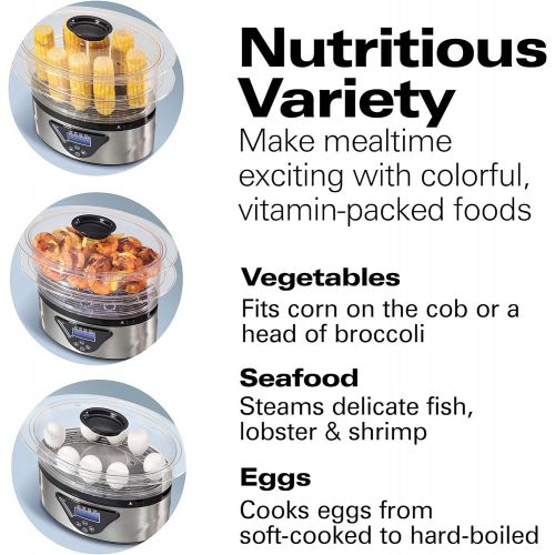  Hamilton Beach Digital Food Steamer for Quick, Healthy Cooking with Stackable Two-Tier Bowls for Vegetables and Seafood Plus Rice Basket, 5.5 Quart, Black & Stainless Steel