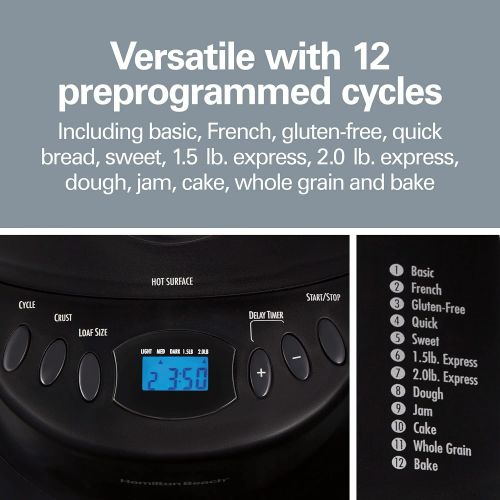  Hamilton Beach Bread Maker Machine, Digital, Programmable, 12 Settings + Gluten Free, Dishwasher Safe Pan + Kneading Paddle, 2 lb Capacity, Black (29882)