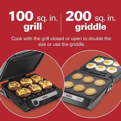  Hamilton Beach 4-in-1 Indoor Grill & Electric Griddle Combo with Bacon Cooker, Opens Flat to Double Cooking Surface, Removable Nonstick Plates, Black & Silver (25601)