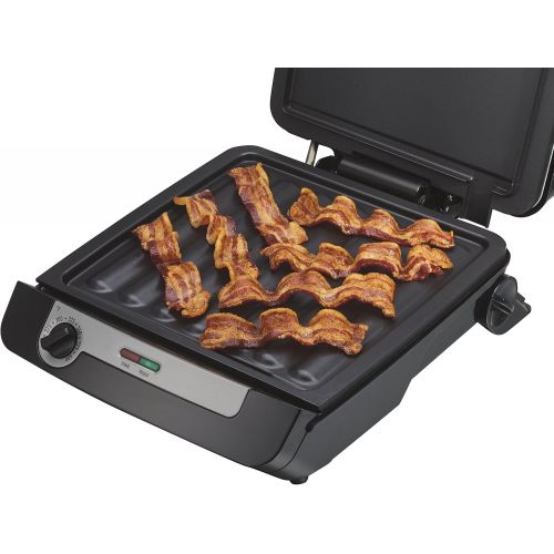  Hamilton Beach 4-in-1 Indoor Grill & Electric Griddle Combo with Bacon Cooker, Opens Flat to Double Cooking Surface, Removable Nonstick Plates, Black & Silver (25601)