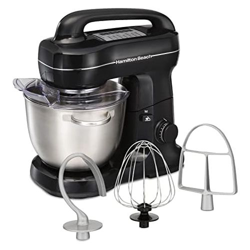  Hamilton Beach Electric Stand Mixer, 4 Quarts, Dough Hook, Flat Beater Attachments, Splash Guard 7 Speeds with Whisk, Black with Top Handle