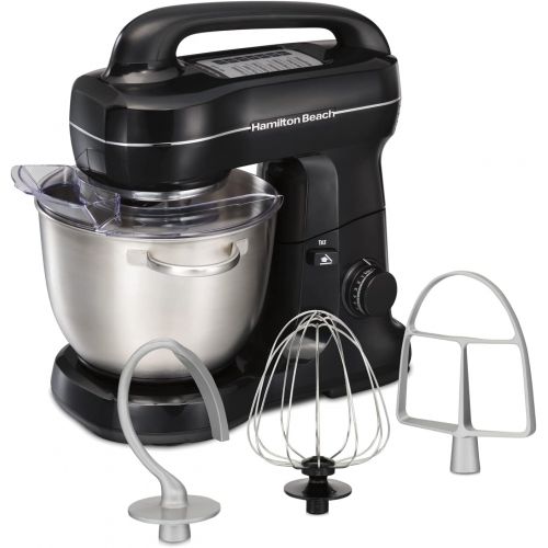  Hamilton Beach Electric Stand Mixer, 4 Quarts, Dough Hook, Flat Beater Attachments, Splash Guard 7 Speeds with Whisk, Black with Top Handle