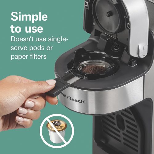  Hamilton Beach 49987 The Scoop Single Serve Coffee Maker Fast Grounds Brewer for 8-14oz. Cups in Minutes, 40oz. Removable Reservoir, Stainless Steel