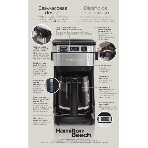  Hamilton Beach Programmable Coffee Maker, 12 Cups, Front Access Easy Fill, Pause & Serve, 3 Brewing Options, Black (46310): Kitchen & Dining