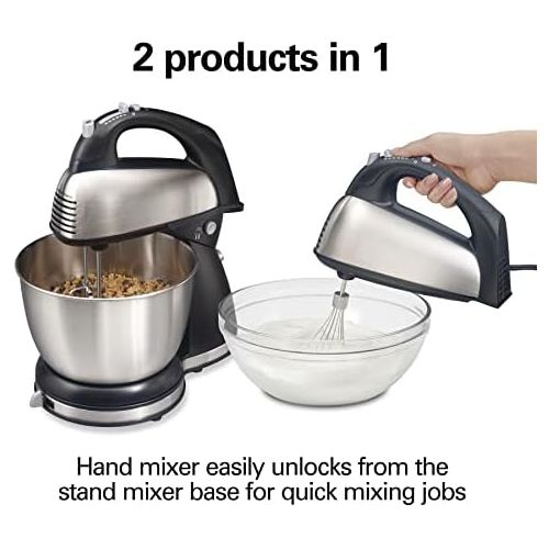  Hamilton Beach Classic Hand and Stand Mixer, 4 Quarts, 6 Speeds with QuickBurst, 290 Watts, Bowl Rest, Black and Stainless (64651), New