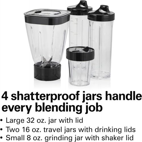  Hamilton Beach Stay or Go Blender with 32oz Jar, 8oz Grinder for Nuts & Spices, and 2 Portable Cups with Drinking Lids for Shakes and Smoothies, BPA Free, Black and Silver (52400)