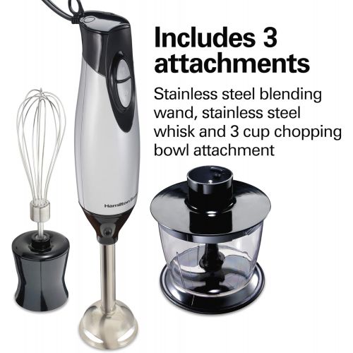  Hamilton Beach 59765 Immersion Hand Blender with Blending Wand, Whisk and 3-Cup Food Chopping Bowl, 3-Piece, Silver and Stainless Steel