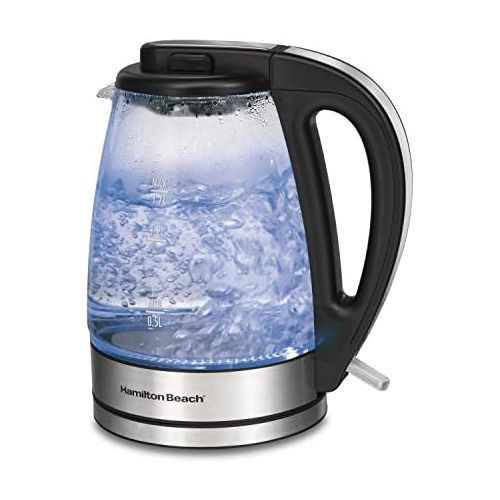  Hamilton Beach 40864 Electric Tea Kettle, Water Boiler & Heater, Cordless, LED Indicator with Built-In Mesh Filter, Auto-Shutoff & Boil-Dry Protection, 1.7 L, Clear Glass