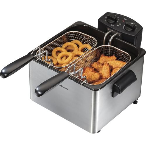  Hamilton Beach Deep Fryer with 2 Frying Baskets, 19 Cups / 4.5 Liters Oil Capacity, Lid with View Window, Professional Grade, Electric, 1800 Watts, Stainless Steel (35036)