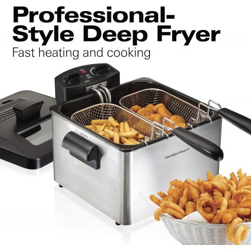  Hamilton Beach Deep Fryer with 2 Frying Baskets, 19 Cups / 4.5 Liters Oil Capacity, Lid with View Window, Professional Grade, Electric, 1800 Watts, Stainless Steel (35036)