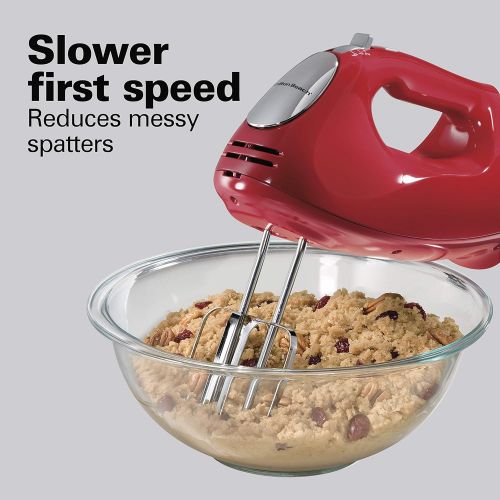  Hamilton Beach 6-Speed Electric Hand Mixer, Beaters and Whisk, with Snap-On Storage Case, Red
