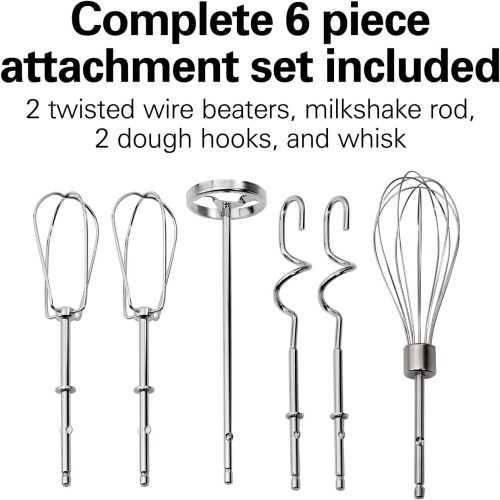  Hamilton Beach Electric Hand Mixer with Snap-On Case, Twisted Wire Beaters, Milkshake Rod, Dough Hook, Whisk, 6-Speed, Black