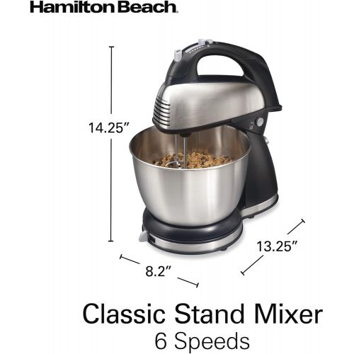  Hamilton Beach Classic Stand and Hand Mixer, 4 Quarts, 6 Speeds with QuickBurst, Bowl Rest, 290 Watts Peak Power, Black and Stainless