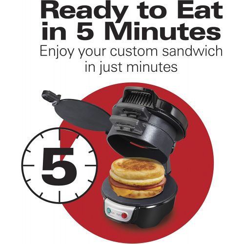  Hamilton Beach Breakfast Sandwich Maker with Egg Cooker Ring, Customize Ingredients, Perfect for English Muffins, Croissants, Mini Waffles, Black