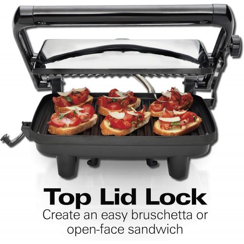  [아마존베스트]Hamilton Beach Electric Panini Press Grill with Locking Lid, Opens 180 Degrees for any Sandwich Thickness (25460A) Nonstick 8 X 10 Grids Chrome Finish, Medium