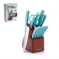 Hamilton Beach HDO601 14 Piece Cutlery Wood Block, Teal Handles, Stainless Steel Knife Set, Blue