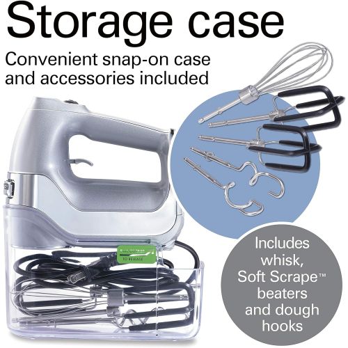  Hamilton Beach Professional 7-Speed Electric Hand Mixer with Snap-On Storage Case, SoftScrape Beaters, Whisk, Dough Hooks, Silver (62657)
