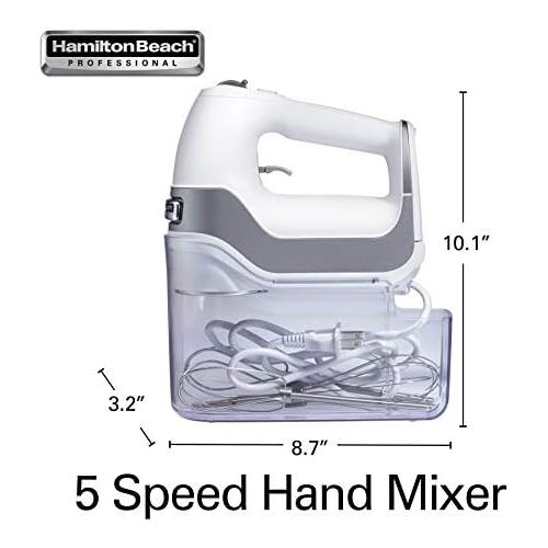  Hamilton Beach Professional 5-Speed Electric Hand Mixer with Snap-On Storage Case, QuickBurst, Stainless Steel Twisted Wire Beaters and Whisk, White (62652)