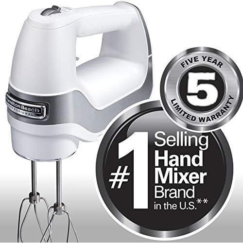  Hamilton Beach Professional 5-Speed Electric Hand Mixer with Snap-On Storage Case, QuickBurst, Stainless Steel Twisted Wire Beaters and Whisk, White (62652)