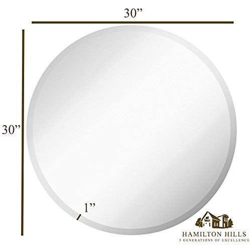  Hamilton Hills Large Simple Round 1 Inch Beveled Circle Wall Mirror | Frameless 30 Inch Diameter Circular MirrorWith a Silver Backed Rounded Mirrored Glass Panel | Best for Vanity, Bedroom, or B