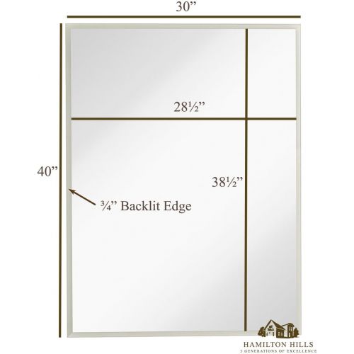  Hamilton Hills Global Frameless Mirror with Lights | Lighted Edge Backlit LED Wall Mirror | Contemporary Glass Illuminated Frame | Hanging Vertical or Horizontal Rectangle (30 x 40)