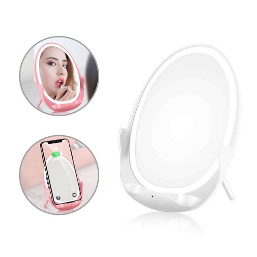  Hamkaw Led Makeup Mirror, Vanity Mirror with 3 Brightness Adjustable Multi-Function Makeup Mirror with Desk Lamp, Wireless Charger, Cell Phone Holder, Touch Button Dimmable Led Light, Cos