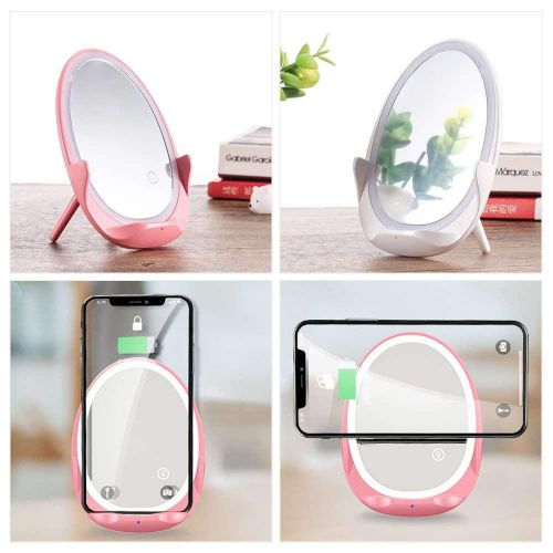  Hamkaw Led Makeup Mirror, Vanity Mirror with 3 Brightness Adjustable Multi-Function Makeup Mirror with Desk Lamp, Wireless Charger, Cell Phone Holder, Touch Button Dimmable Led Light, Cos