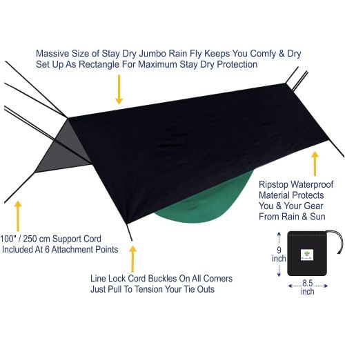  Hammock Bliss - Stay Dry Jumbo Rain Fly - Extra Huge Waterproof Tent Tarp and Hammock Shelter to Cover Your Hammock and Gear  Enormous 98” Wide Area Makes Hammock Camping A Dry Ra