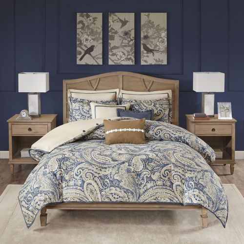  Hampton Hill Urban Chic King Size Bed Comforter Duvet 2-In-1 Set Bed In A Bag - Navy Gold , Paisley  9 Piece Bedding Sets  Cotton Bedroom Comforters