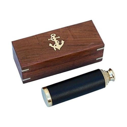  [아마존베스트]Hampton Nautical Captains Brass/Leather Spyglass Telescope with Rosewood Box, 15, Brass