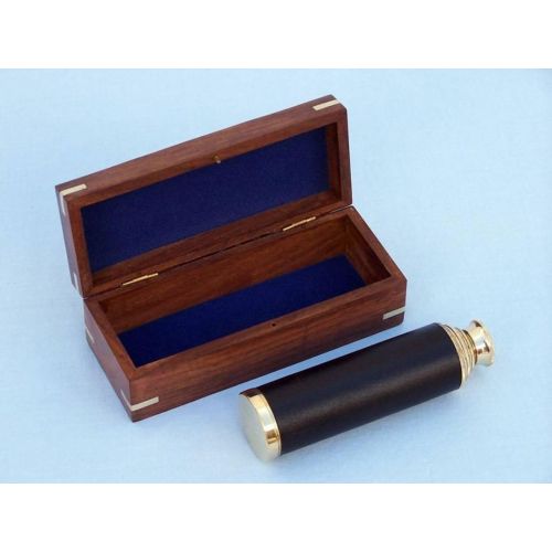  [아마존베스트]Hampton Nautical Captains Brass/Leather Spyglass Telescope with Rosewood Box, 15, Brass