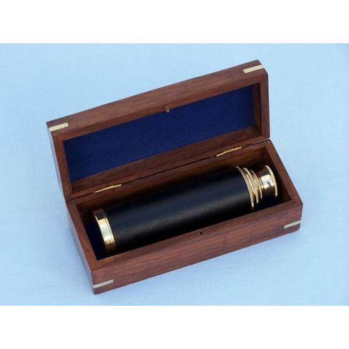  [아마존베스트]Hampton Nautical Captains Brass/Leather Spyglass Telescope with Rosewood Box, 15, Brass