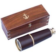 Hampton Nautical Admirals Brass/Leather Spyglass Telescope with Rosewood Box, 32, Brass