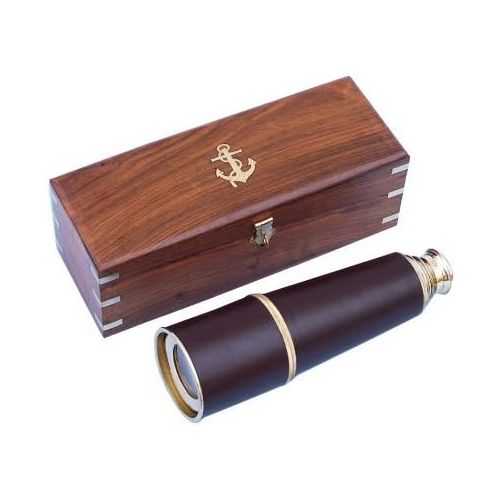  Hampton Nautical Admirals Brass/Leather Spyglass Telescope with Rosewood Box, 32, Brass