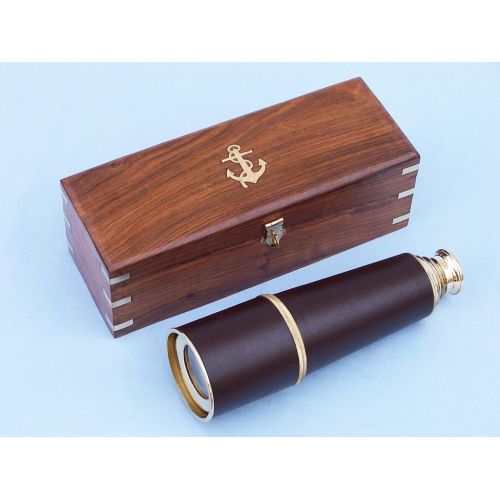  Hampton Nautical Admirals Brass/Leather Spyglass Telescope with Rosewood Box, 32, Brass